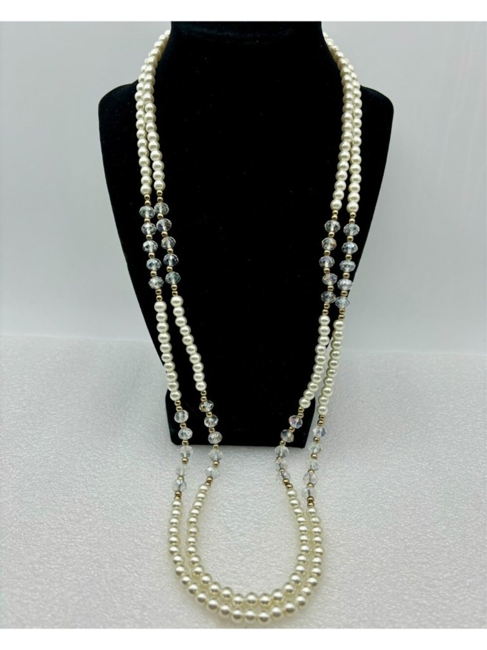 1970s Double Strand Pearl Faceted Crystal Gold Bead Necklace